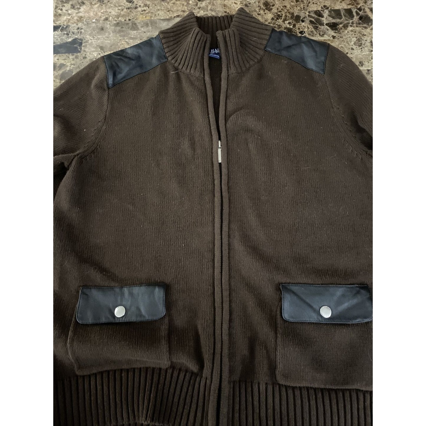 Chaps Men’s XL Chocolate Brown Full-zip Cotton Sweater w/ Black Leather Padding