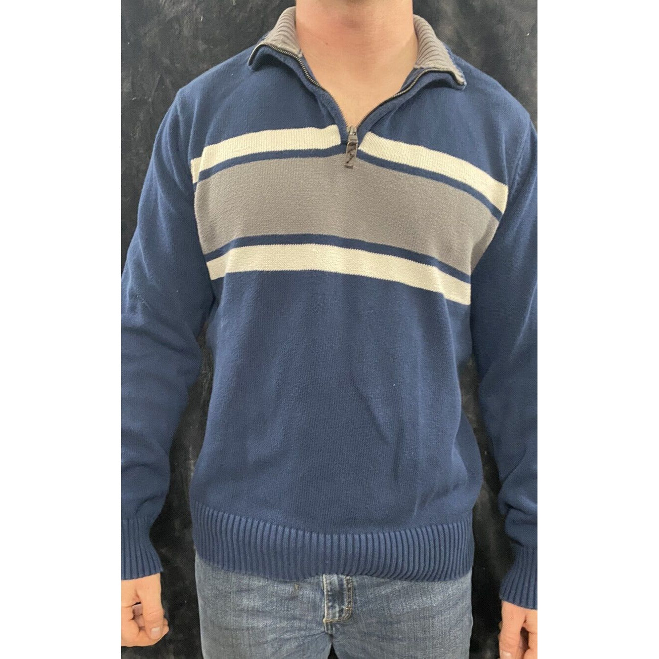 Eddie Bauer Men’s Large Navy Blue with Gray Band 1/4 Zip Pullover Sweater
