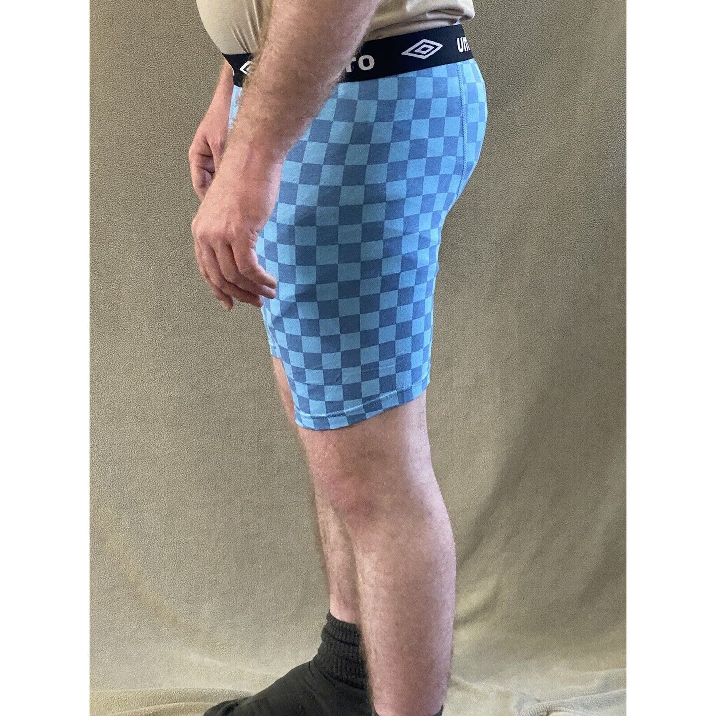 Umbro Men’s Large Sky Blue Checkerboard Cotton Stretch Boxer Briefs NEW