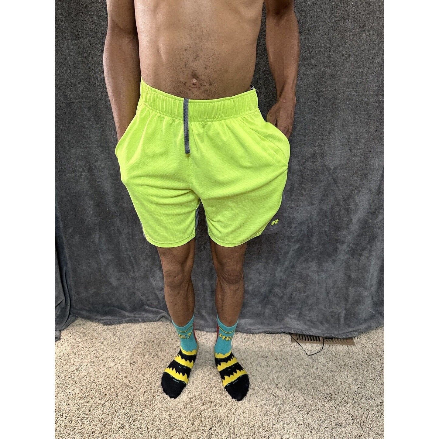 Men’s Neon Yellow Russell Athletic Shorts Zippered Pockets Medium