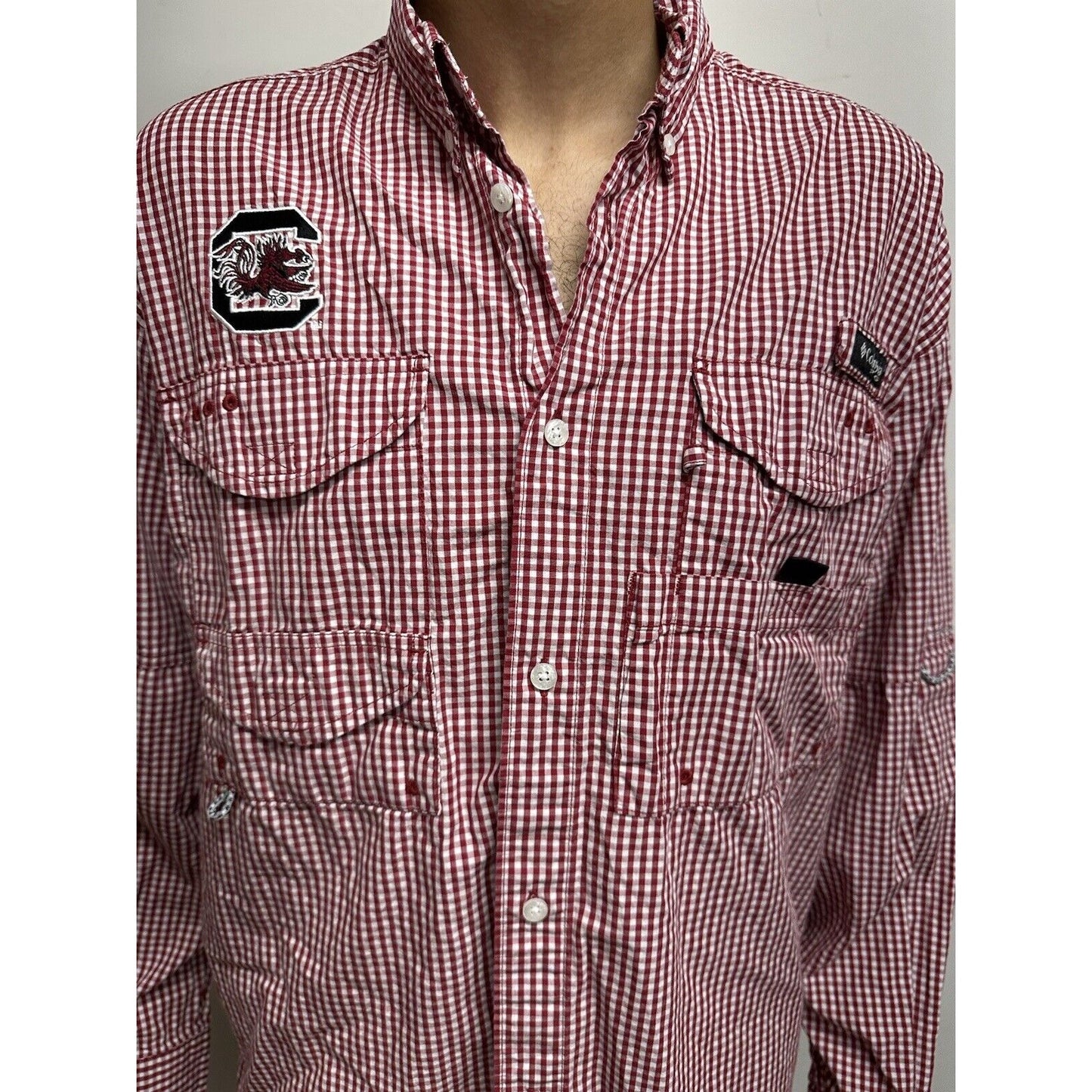 Men’s Red And White Checkered Columbia Super Bonehead Medium Gamecocks Shirt