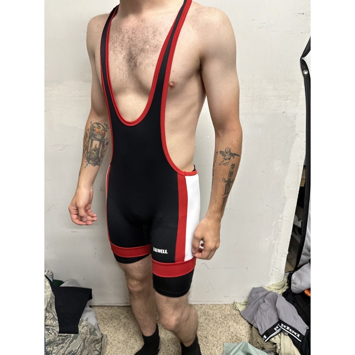 Men’s Tauwell Wrestling Singlet Black And Red With White Large