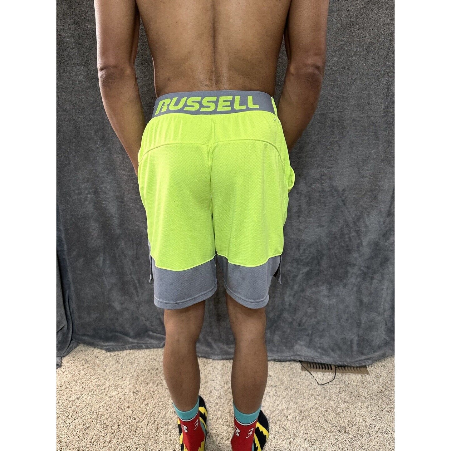 Men’s Neon Yellow Russell Athletic Shorts Zippered Pockets Medium