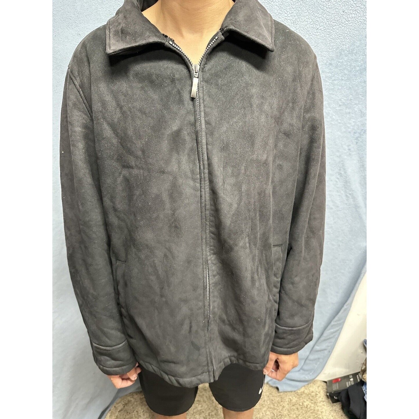 Men’s Perry Ellis Portfolio XXL Black Zip Up Faux Suede Faux Fur
