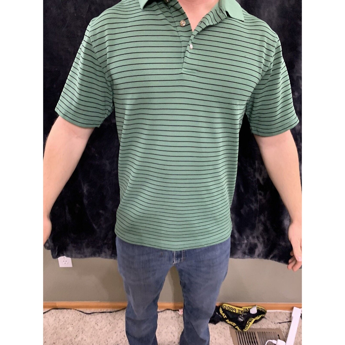 Grand Slam Mens Short Sleeve Green Striped Performance Golf Polo Polyester Sz M
