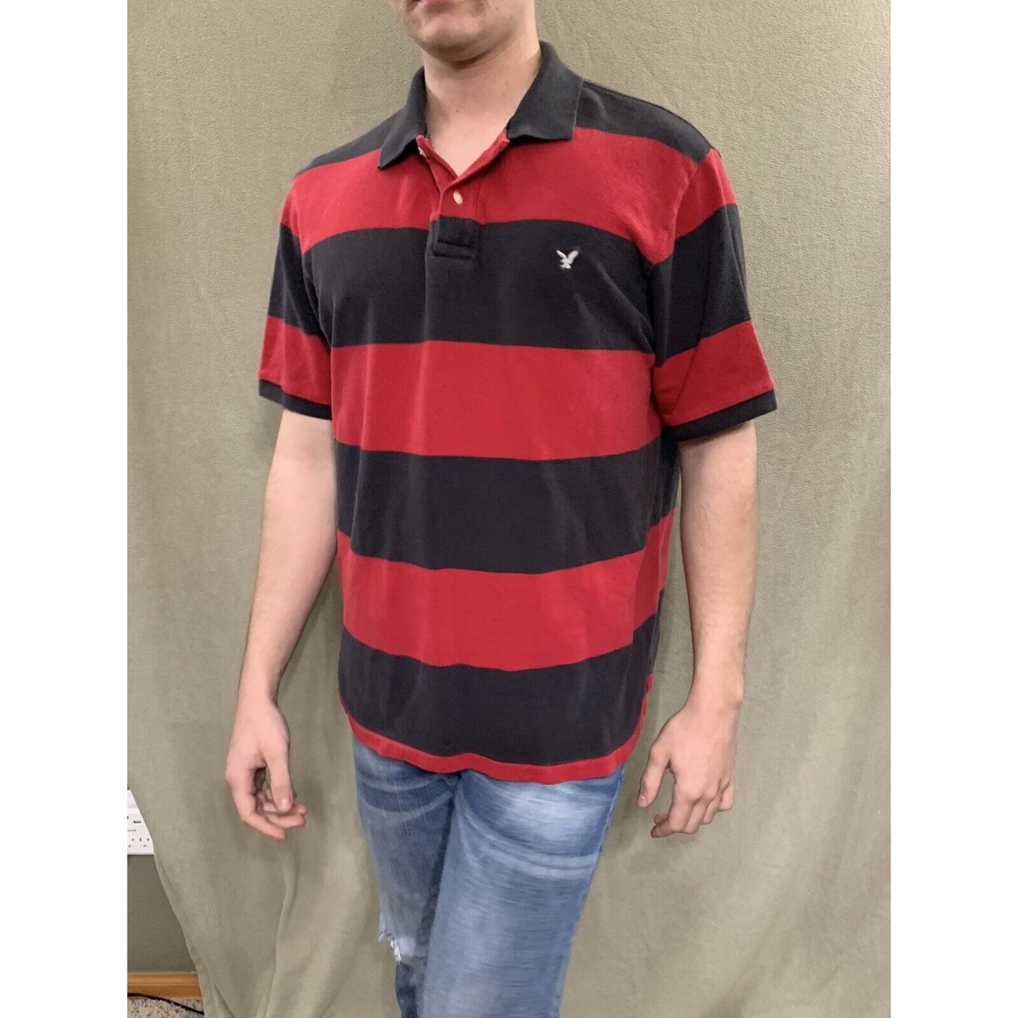 Mens American Eagle Logo Red & Black Striped Polo Short Sleeve Shirt Large