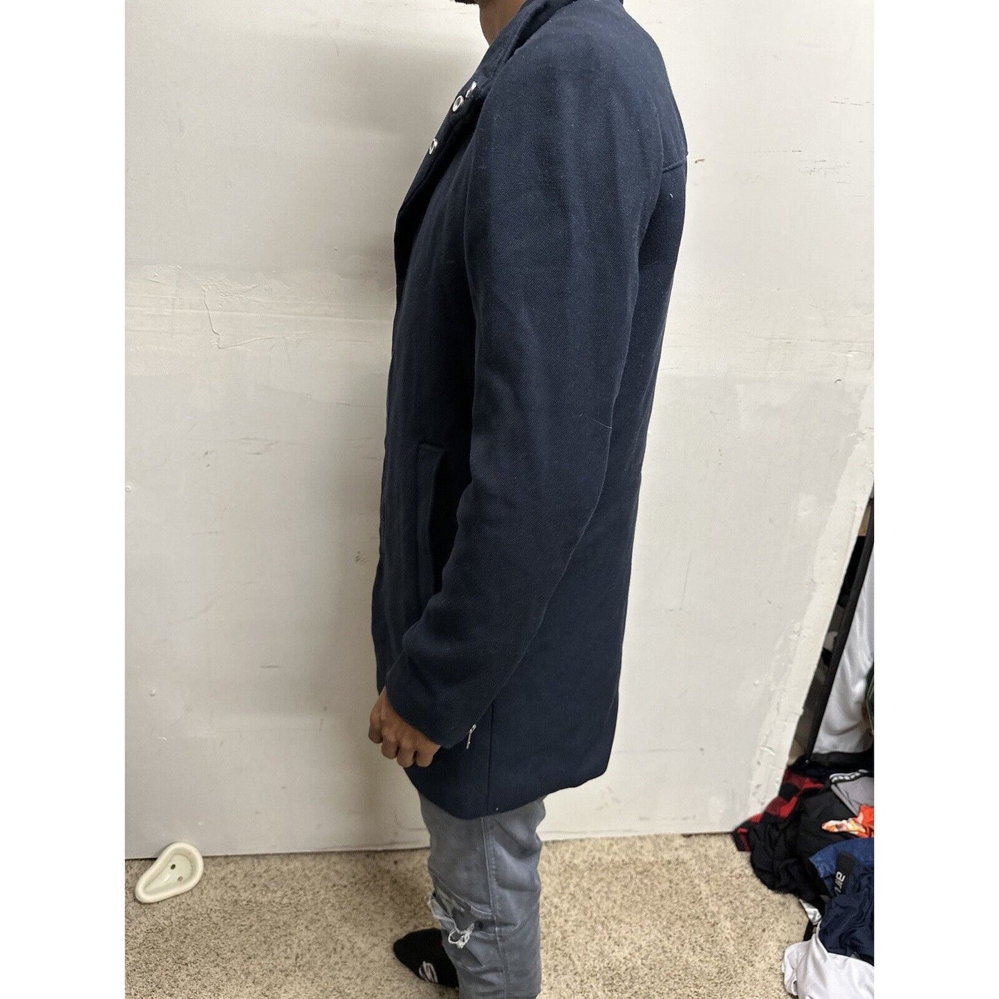 Men’s Dark Blue H&M 38R Zip Up And Snap Jacket Poly & Viscose