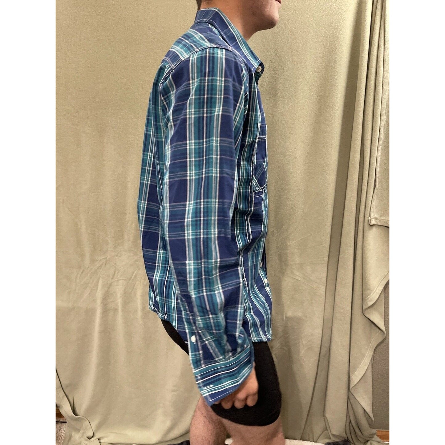 Marc Ecko Cut & Sew Blue Green White Plaid Long Sleeve Button Down Shirt Medium