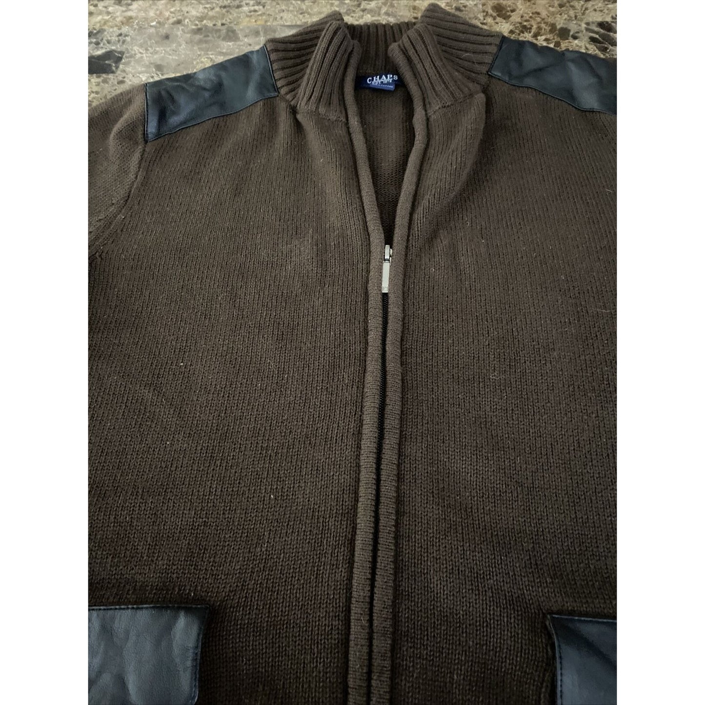 Chaps Men’s XL Chocolate Brown Full-zip Cotton Sweater w/ Black Leather Padding
