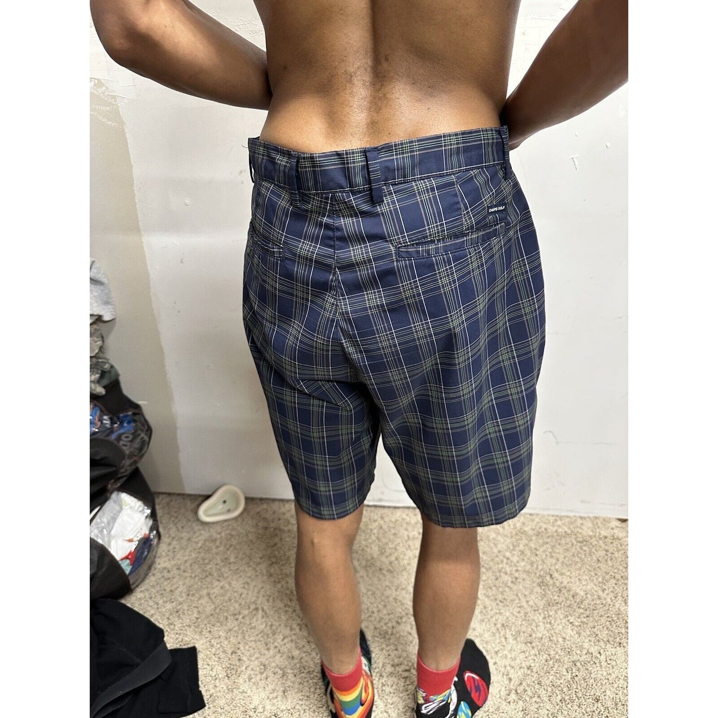CHAPS Golf 78 Shorts Mens 36 Navy/Green/Grey Plaid Flat Front Stretch