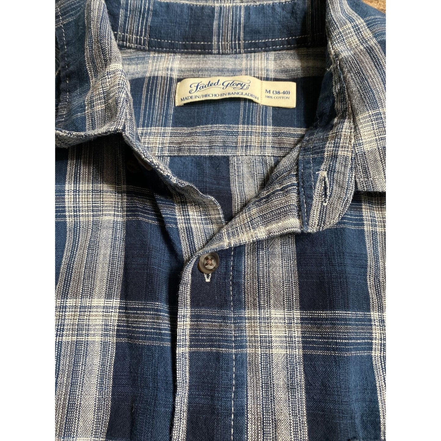 Faded Glory Men’s Medium Cobalt Blue White Plaid Button-down Cotton Long Sleeves