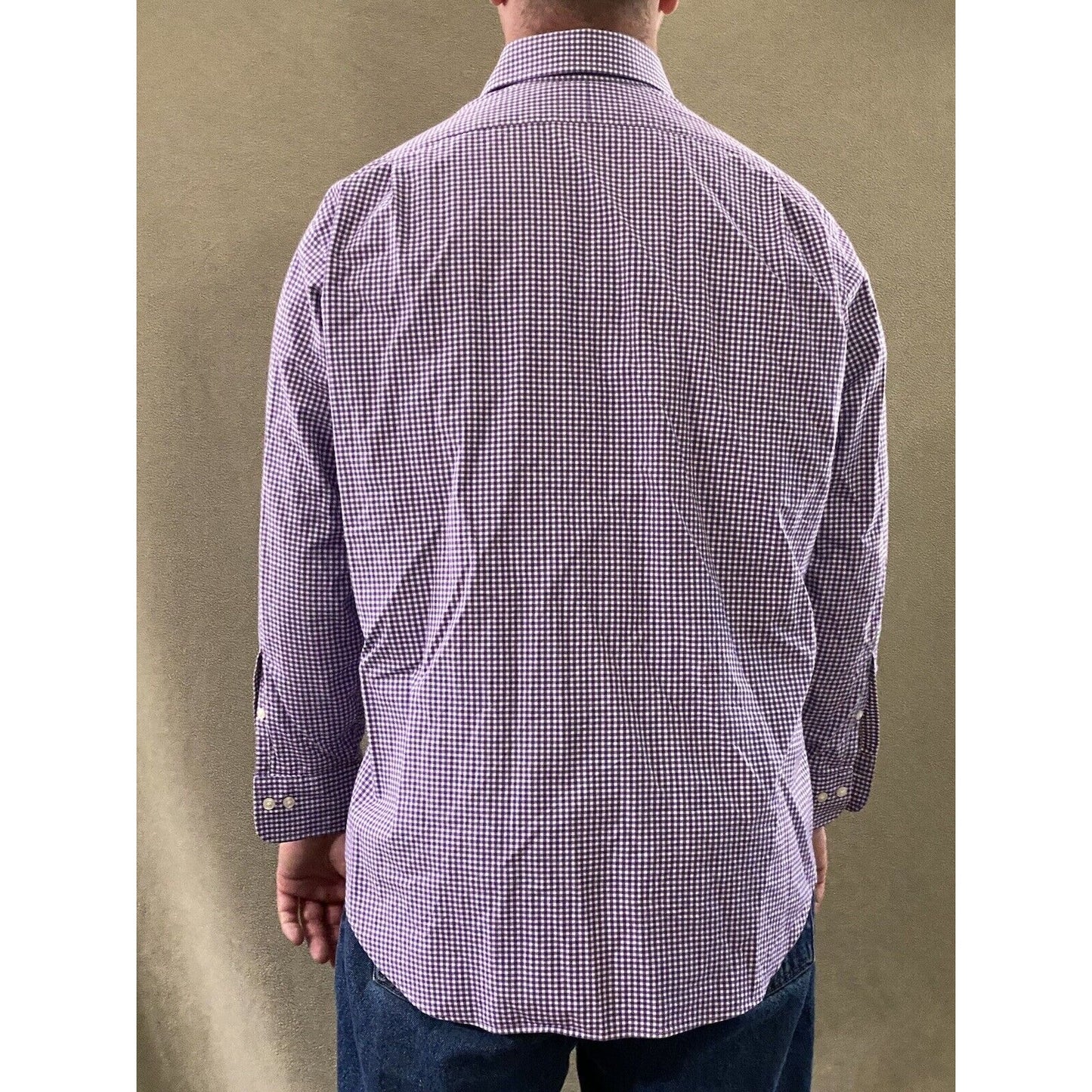 Polo Ralph Lauren Men’s Sz 16 1/2 Classic Fit Purple Gingham Plaid Long Sleeves