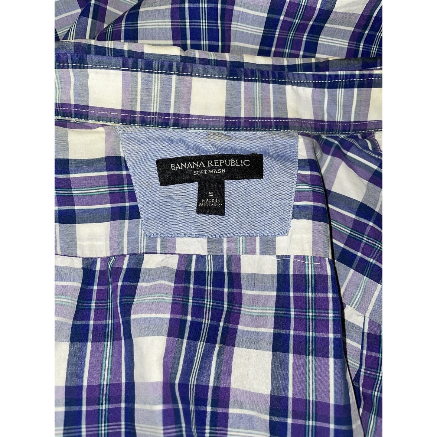 Banana Republic mens cotton Purple Plaid Short Sleeve Small Shirt Soft Wash