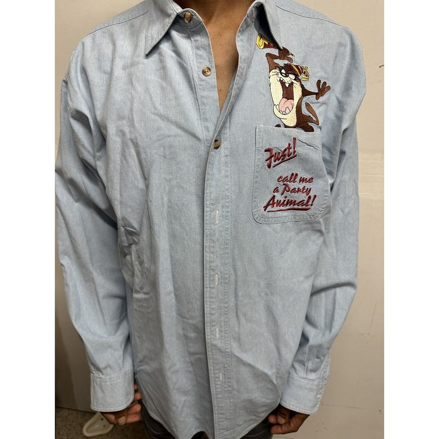 Men’s Large Warner bros Studio Store Long Sleeve Blue Tasmanian Devil Taz Party