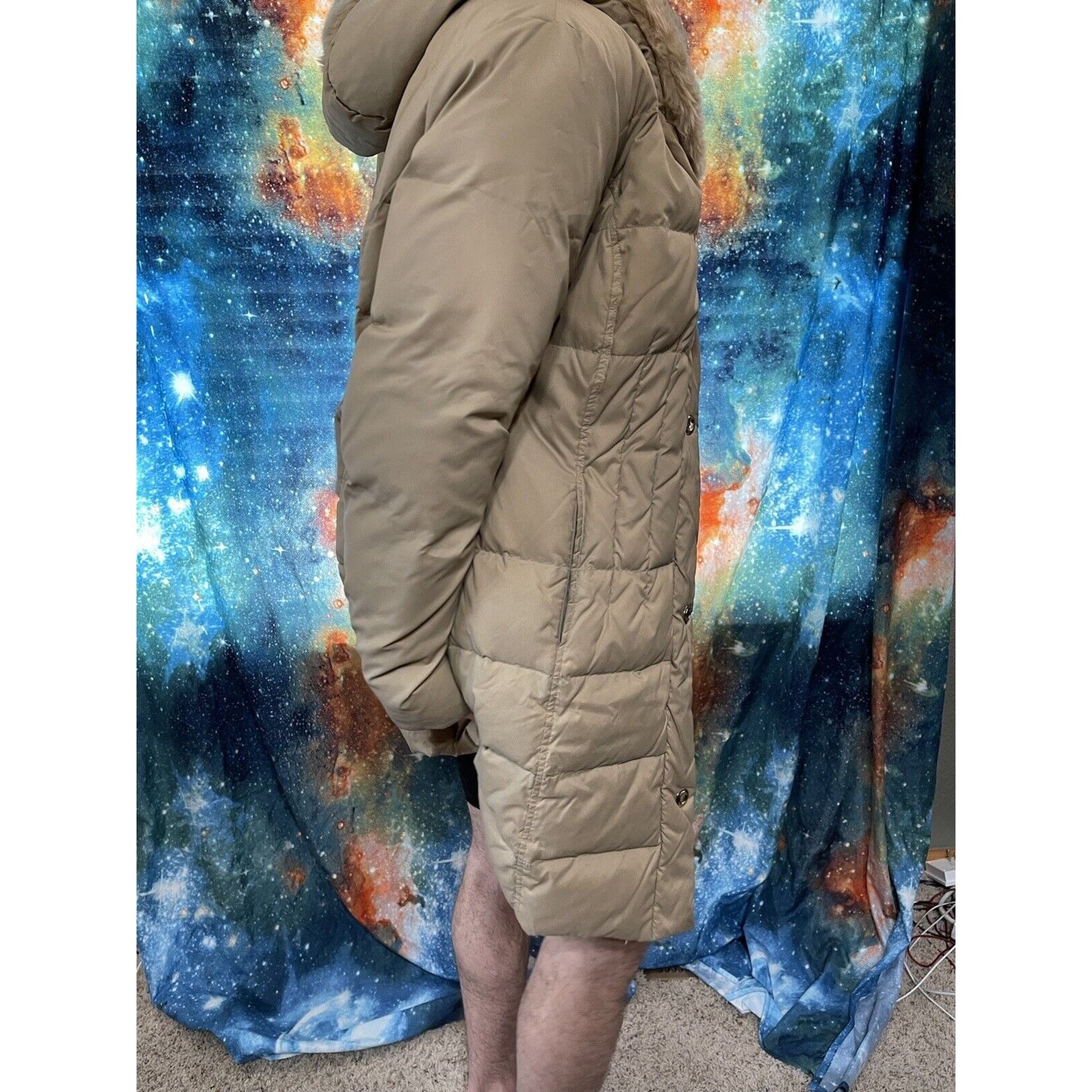 Larry Levin Women's Large Tan Puffy Snap jacket Down Faux Fur