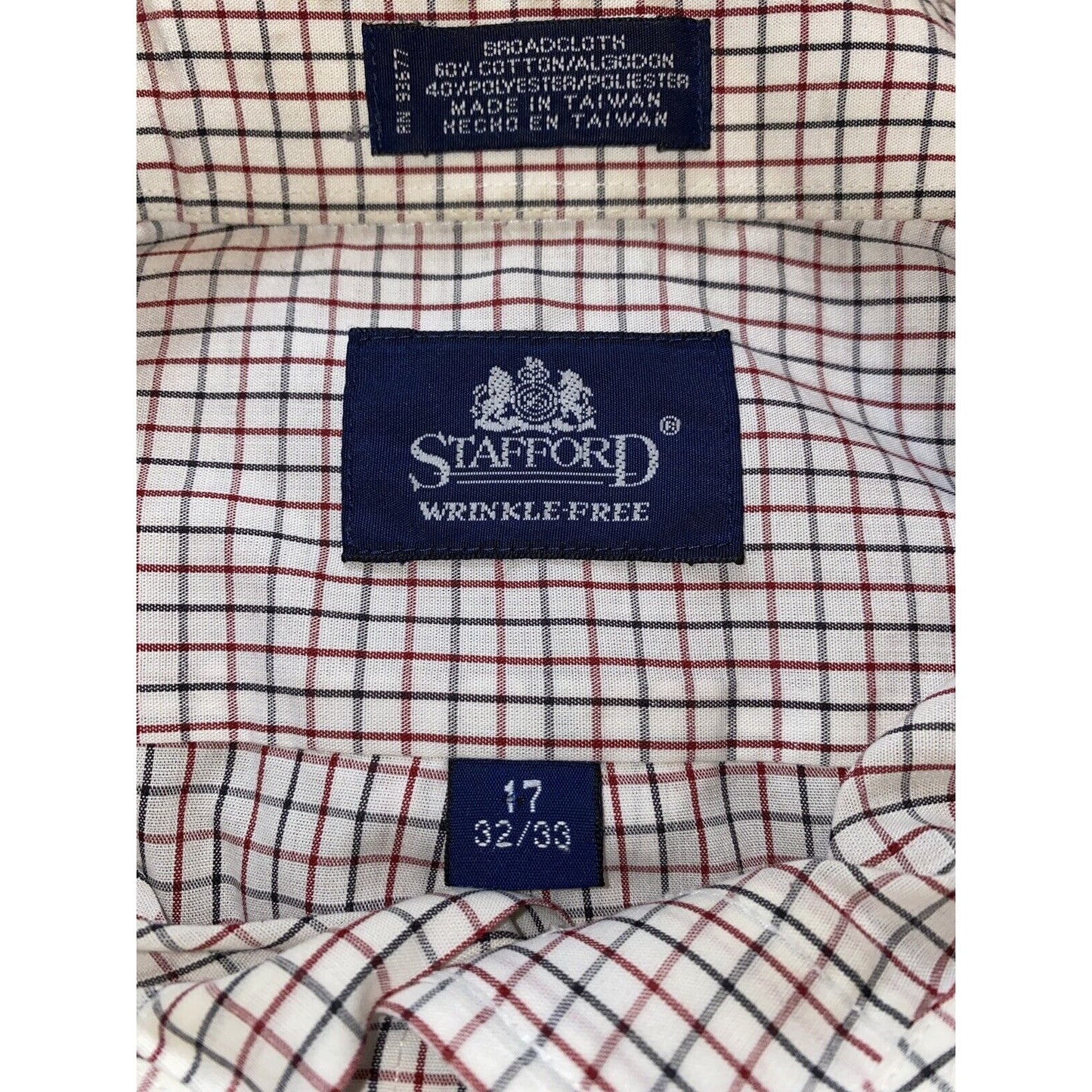 Stafford WrinkleFree Broadcloth Sz 17 32/33 Checkered (red + Black) Long Sleeves