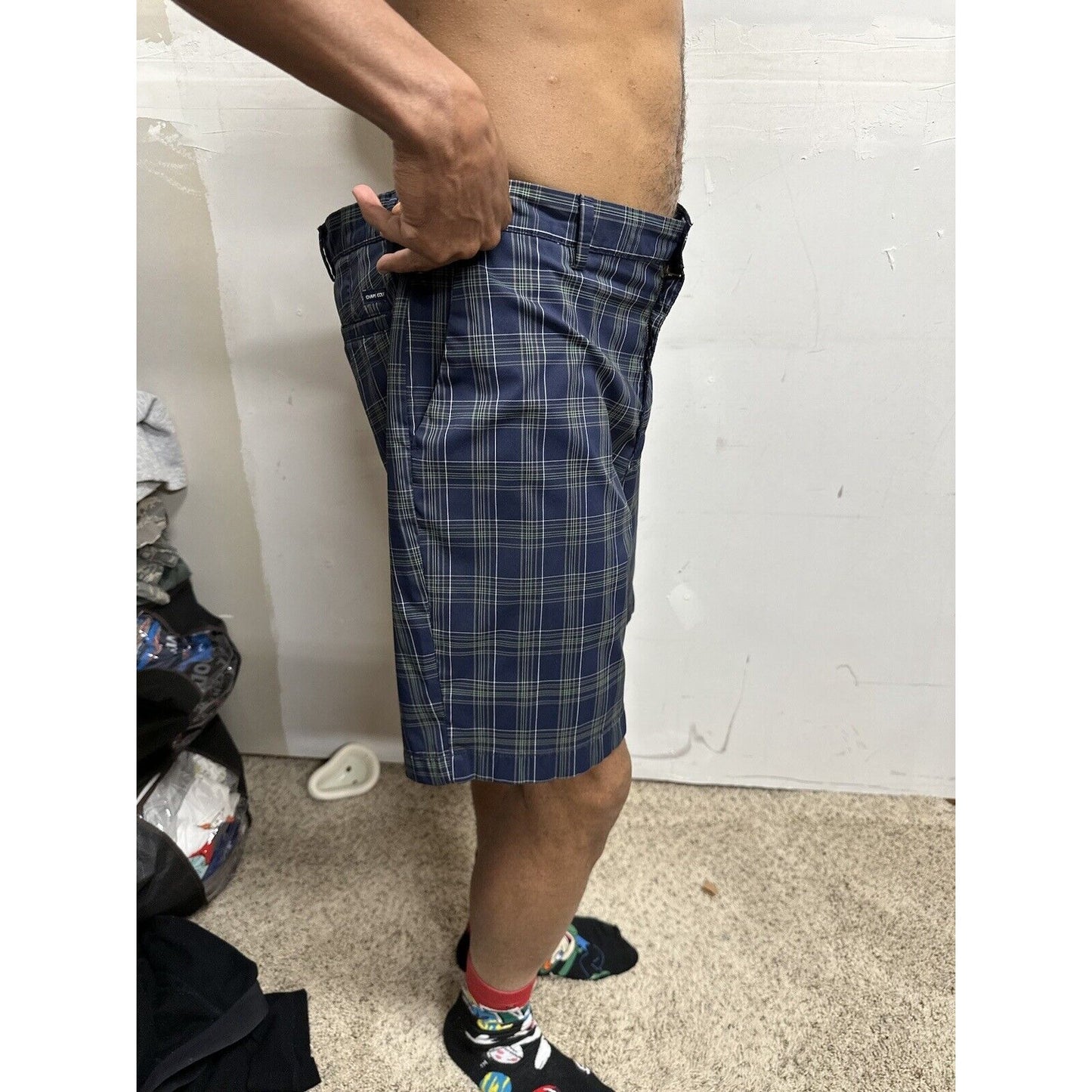 CHAPS Golf 78 Shorts Mens 36 Navy/Green/Grey Plaid Flat Front Stretch