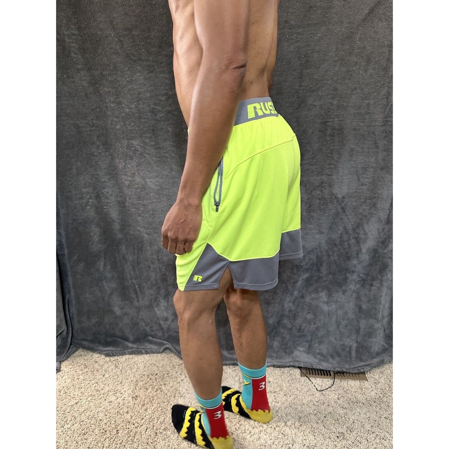 Men’s Neon Yellow Russell Athletic Shorts Zippered Pockets Medium