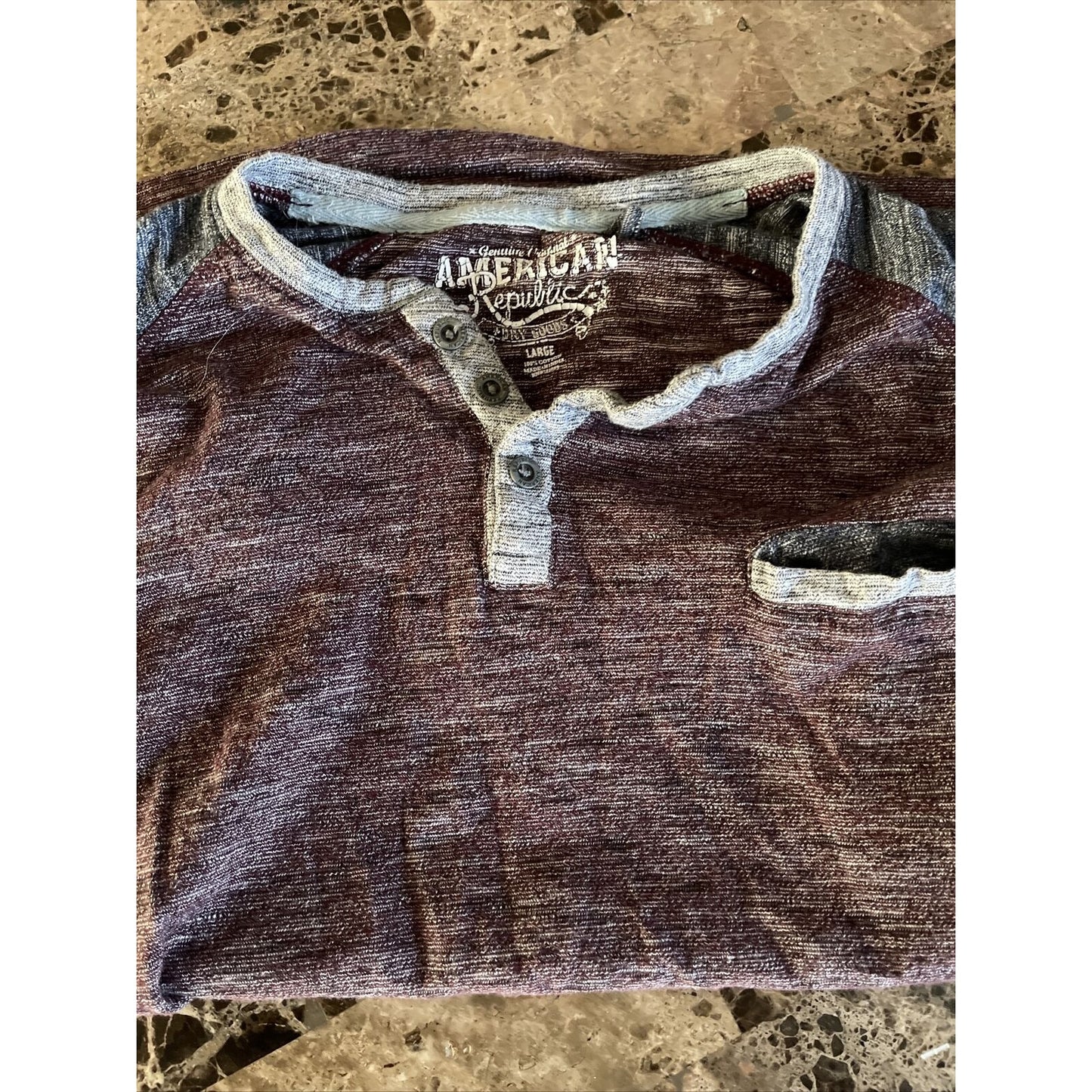 men's american republic large short sleeve button t-shirt maroon and gray