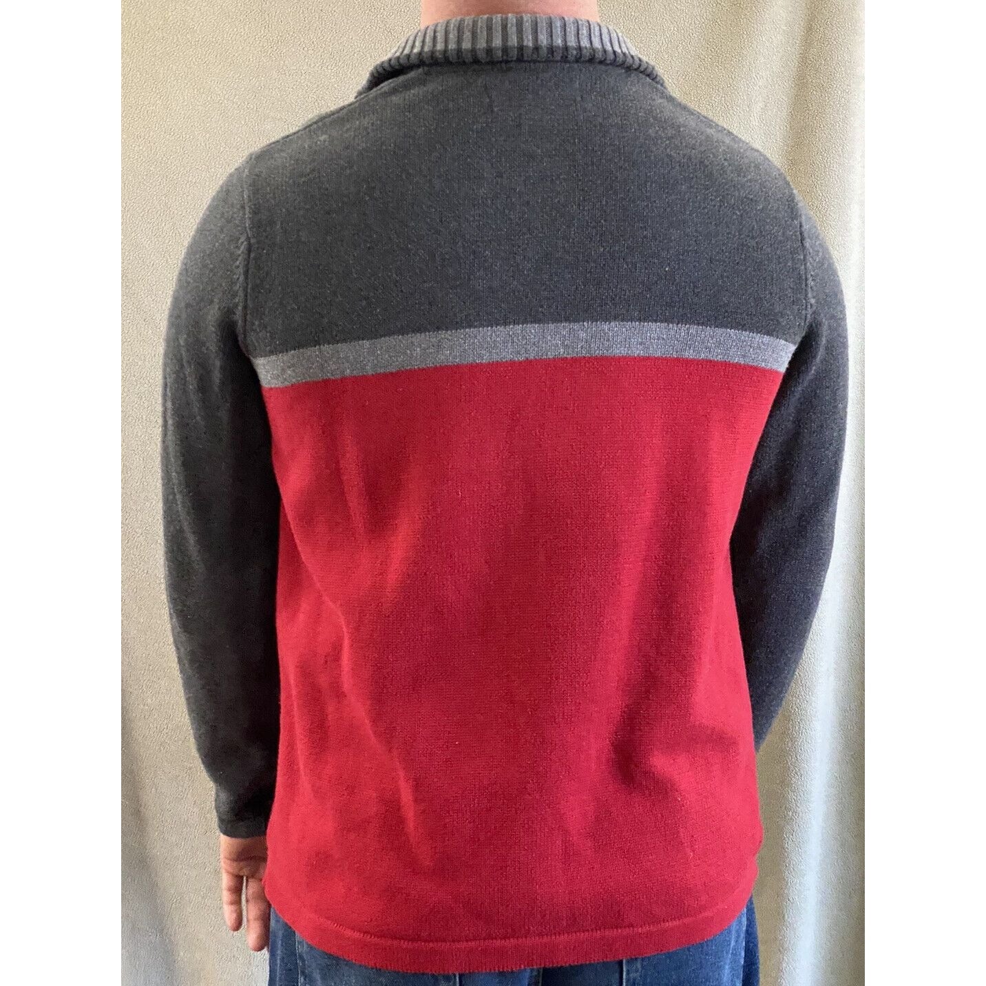 Eddie Bauer Men’s Large Gray Red Cotton 1/4-zip Pullover Sweater