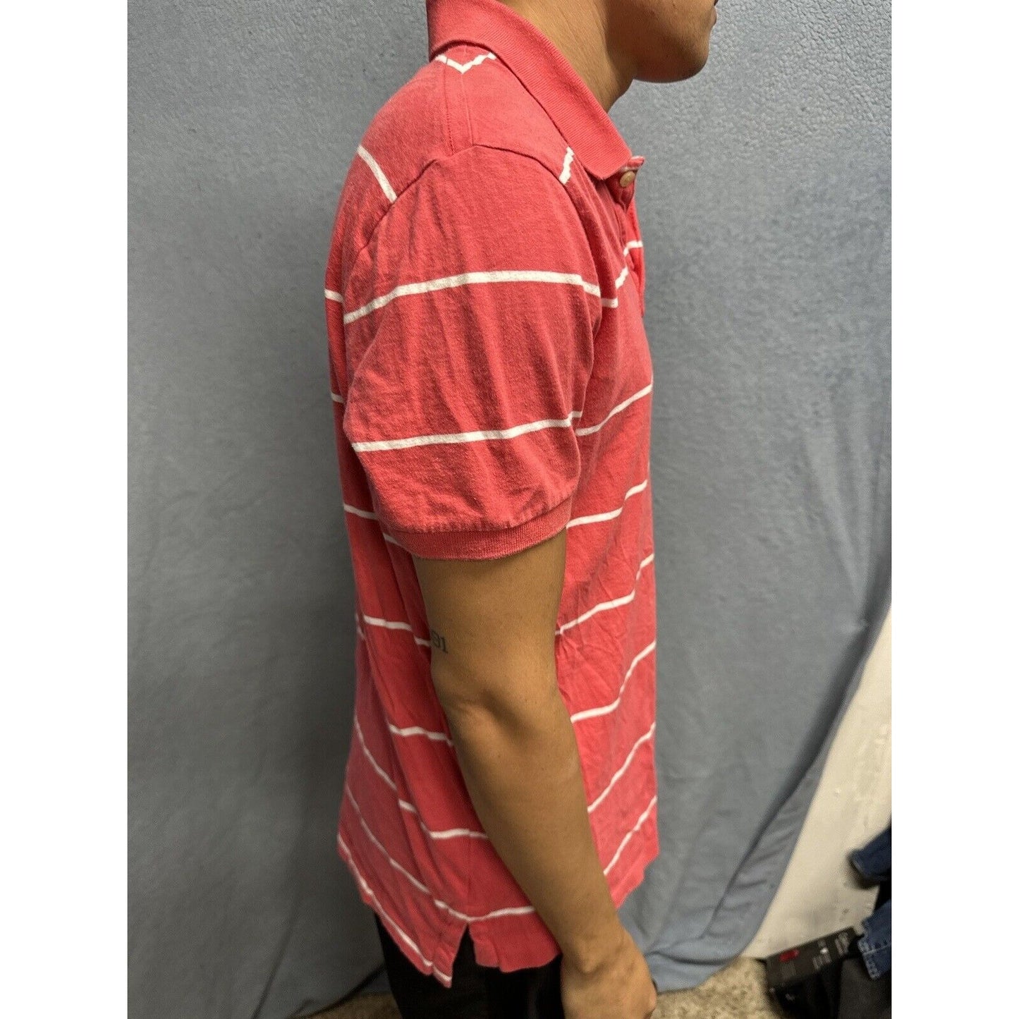 Salmon Pink Men’s Striped American Eagle Vintage Fit Large Polo Shirt