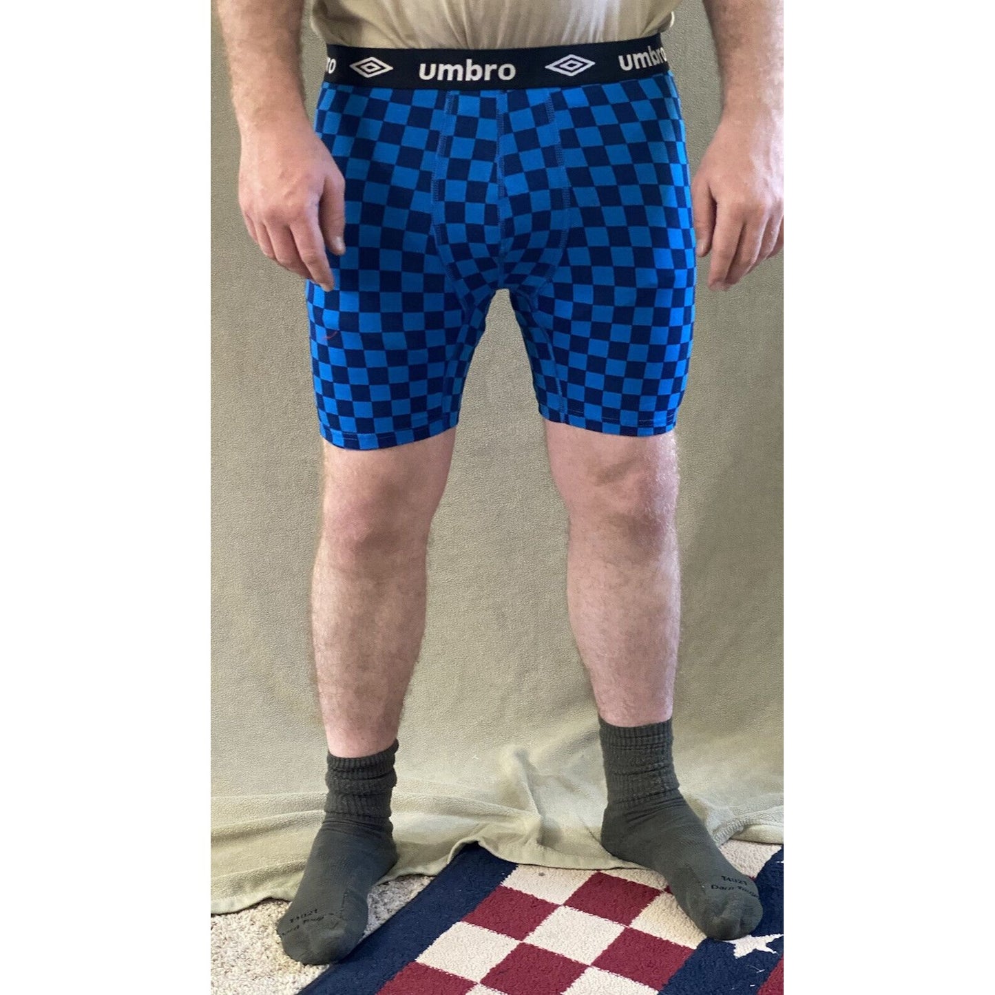 Umbro Men’s Large Bright Blue Checkerboard Cotton Stretch Boxer Briefs NEW