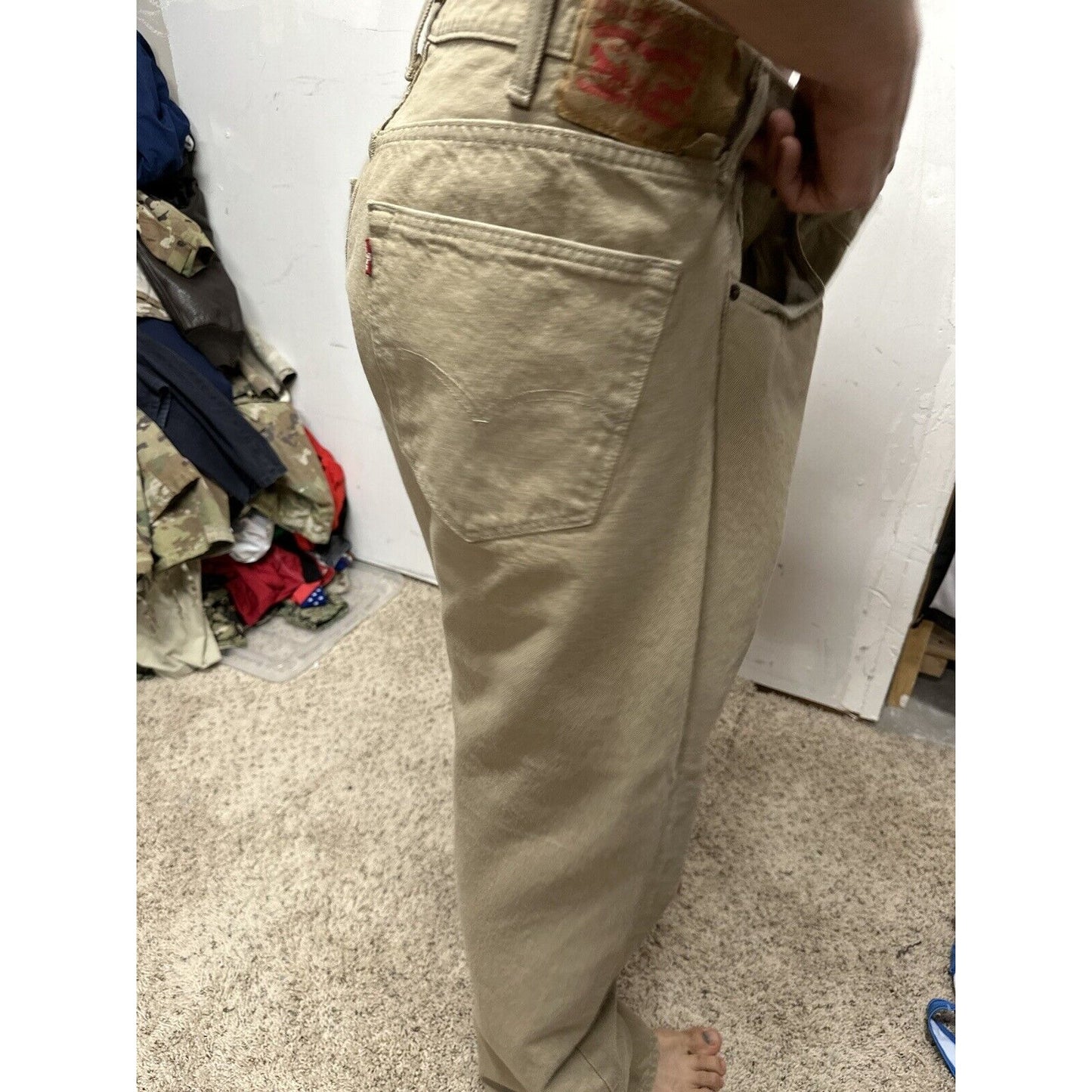 Levi's 501 Denim Beige Khaki Jeans - Size 40 X 32 Button Fly Lightweight Denim