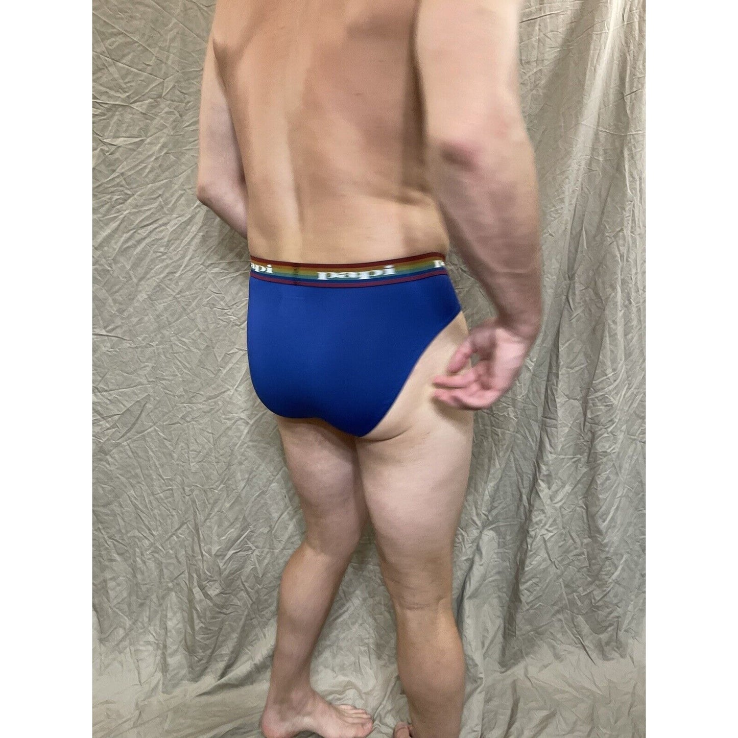 men's Blue rainbow pride papi brief 8% spandex XL