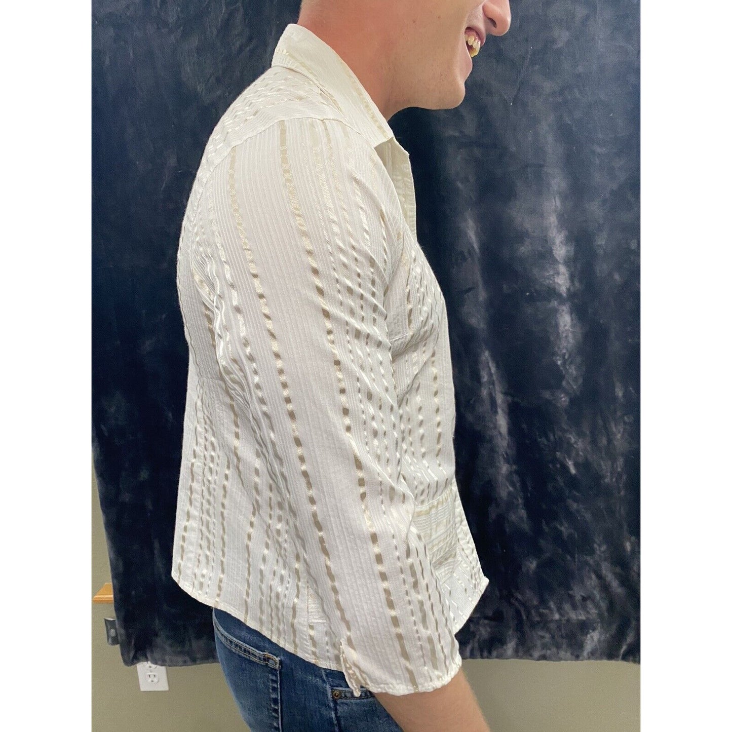 Croft & Barrow Women's Top Size L White Stretch Textured 3/4 Sleeve Button Front