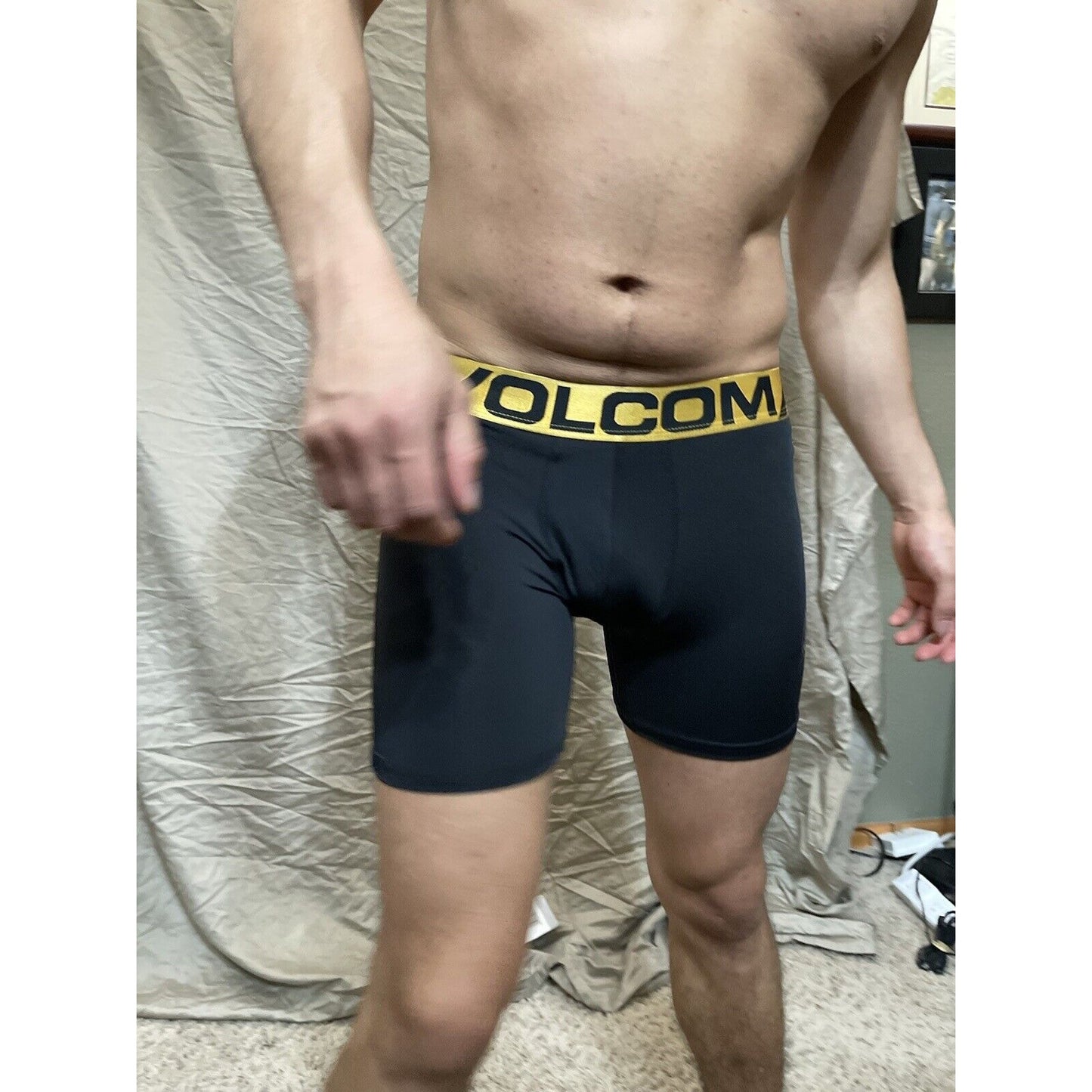 Men's black volcom polyester spandex compression boxer shorts gold band XL