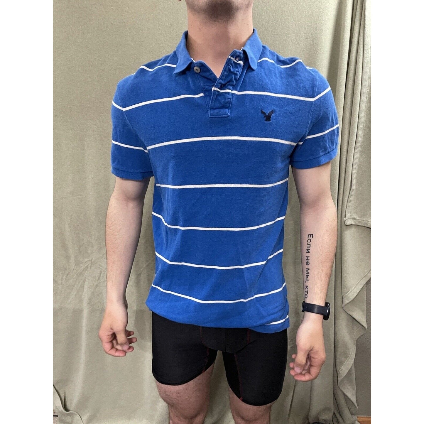American Eagle Mens Polo Shirt Medium M Blue White Striped Short Sleeves Vintage