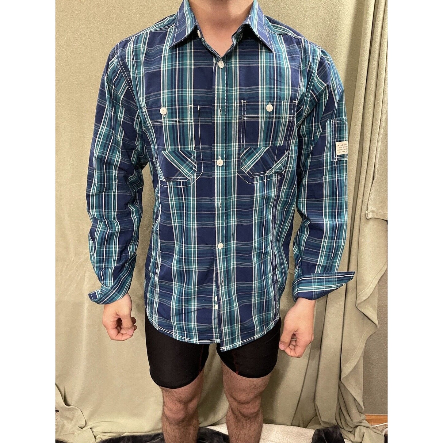 Marc Ecko Cut & Sew Blue Green White Plaid Long Sleeve Button Down Shirt Medium