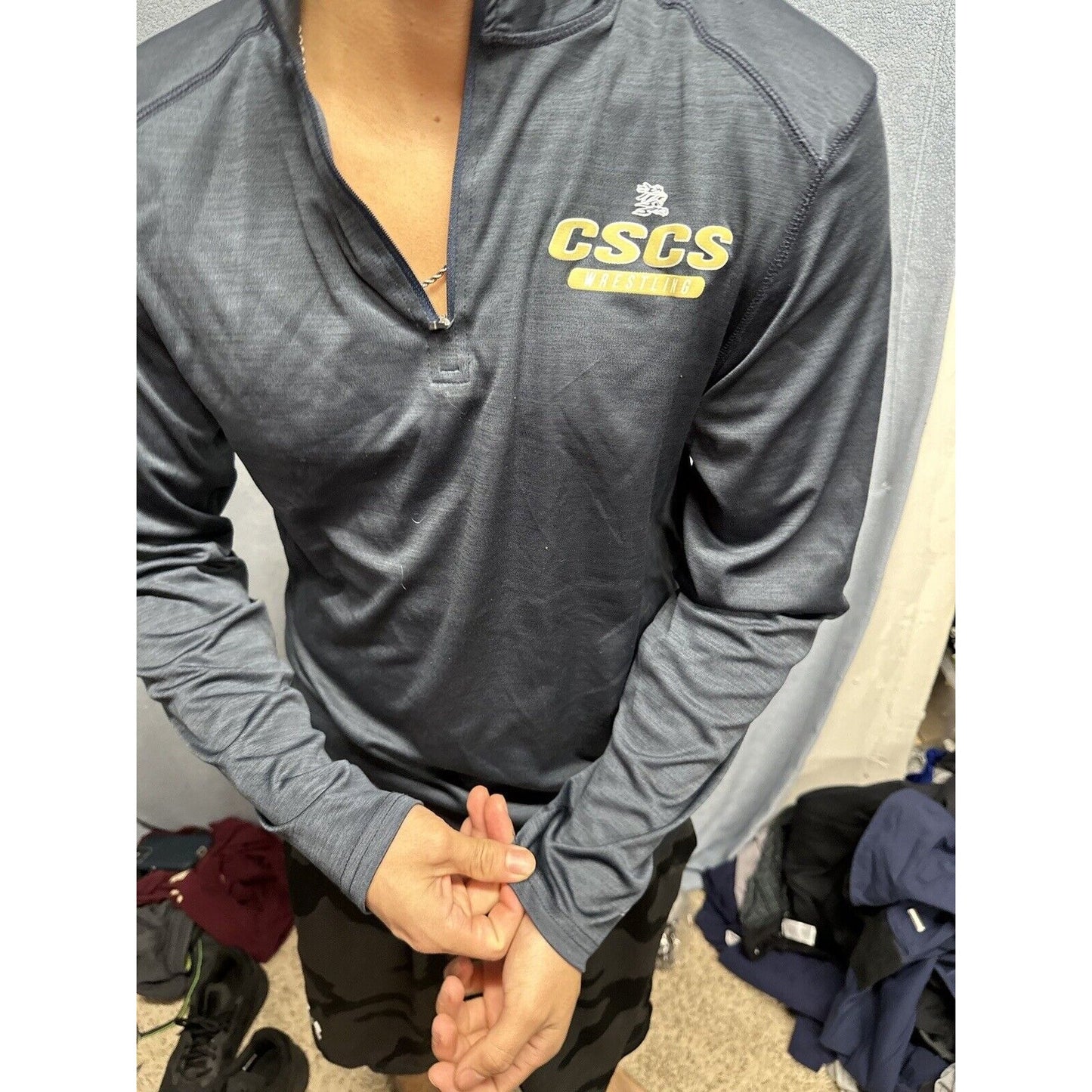 Men’s Gray Navy Blue CSCS Wrestling BSN Sports Medium Pullover 1/4 Zip