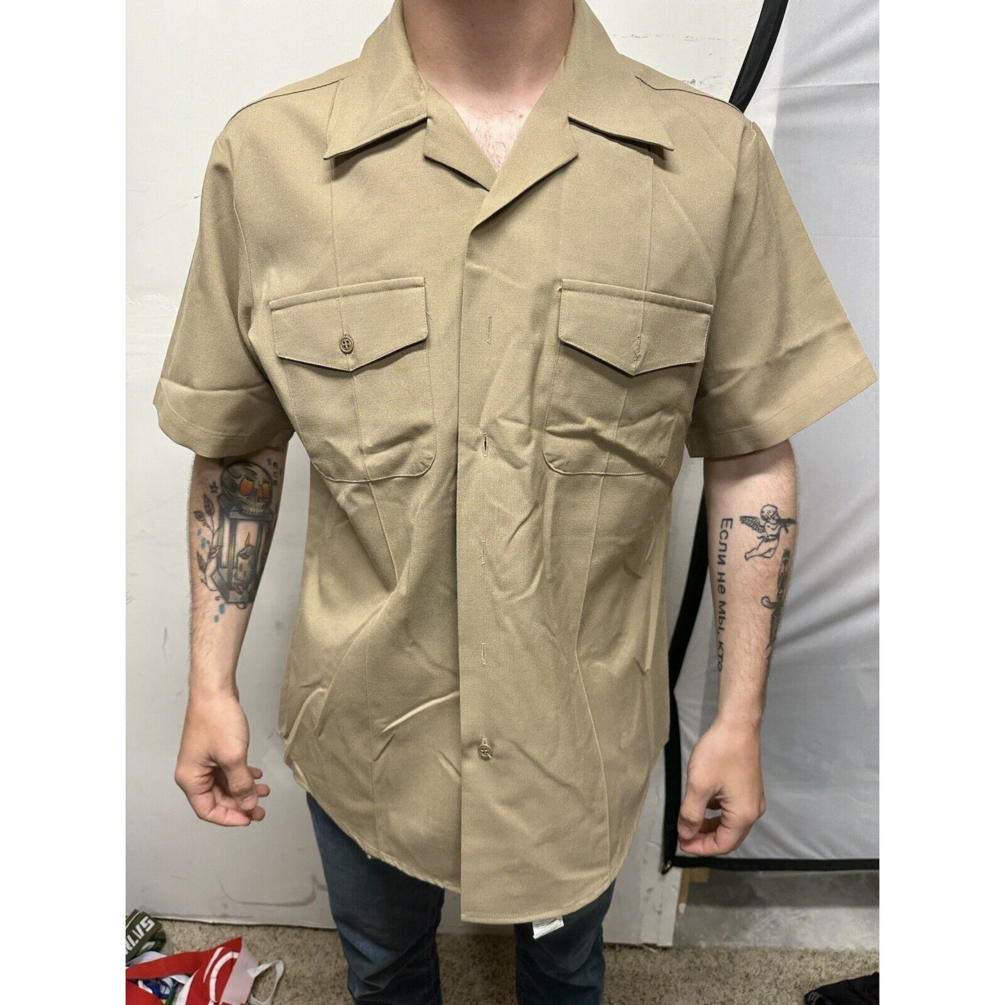 Men’s Military Usmc Flying Cross Large Button Up Uniform Khaki Shirt
