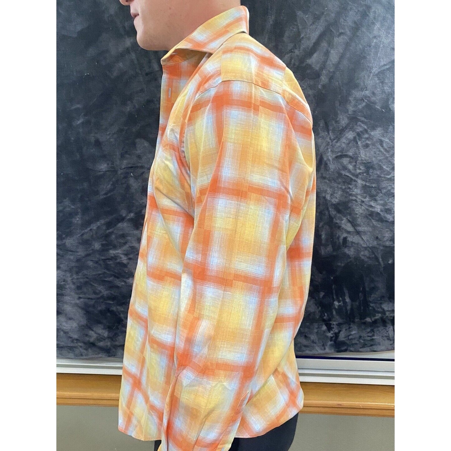 Thomas Dean Men's Medium Yellow & Orange Plaid Button-down Long Sleeves