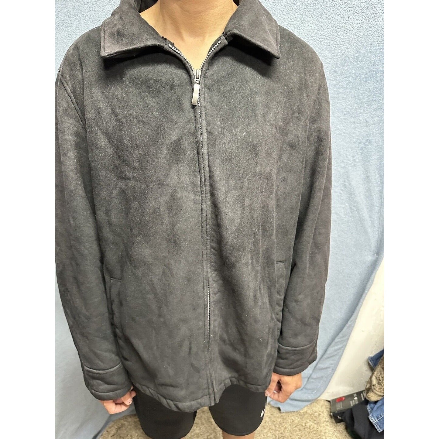 Men’s Perry Ellis Portfolio XXL Black Zip Up Faux Suede Faux Fur