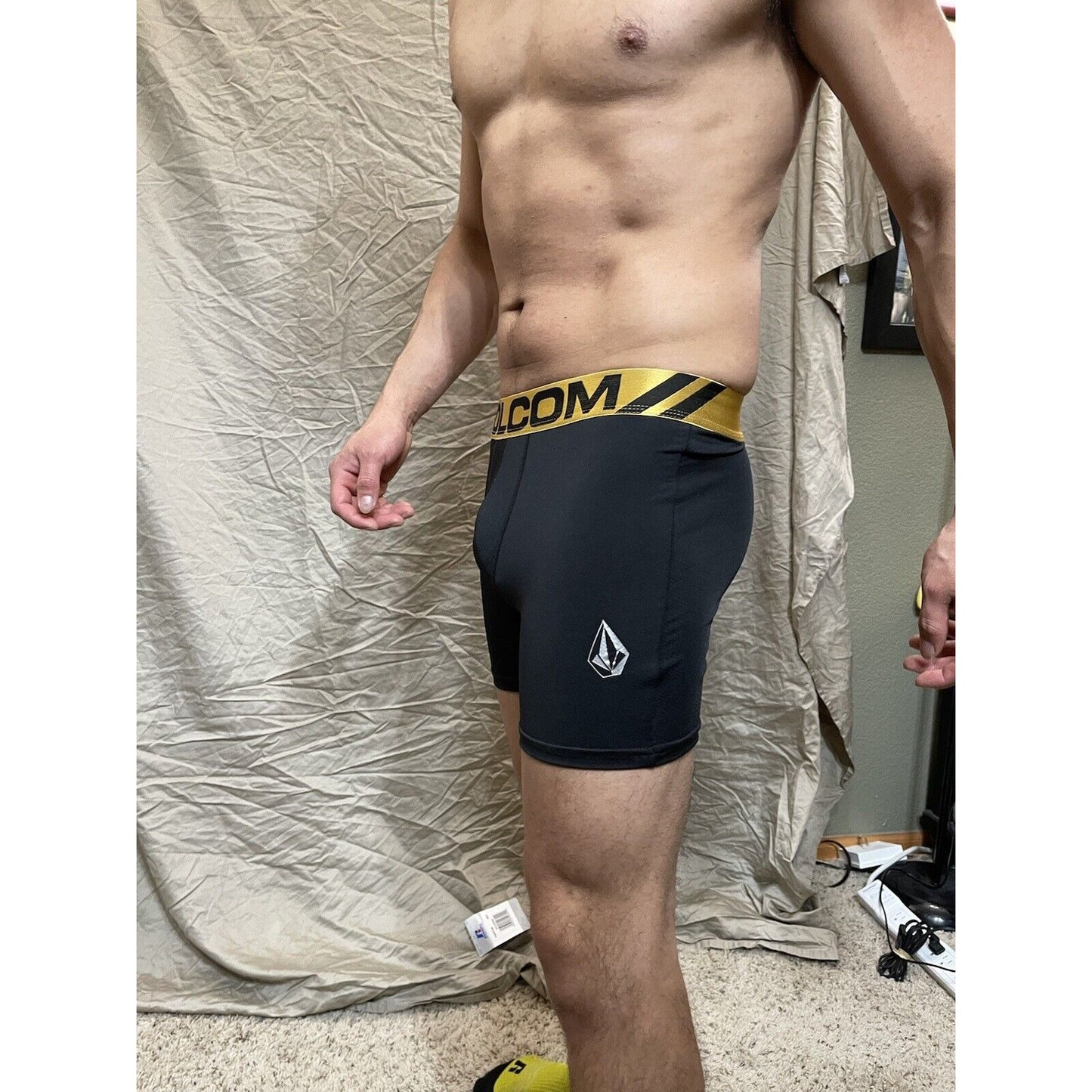 Men's black volcom polyester spandex compression boxer shorts gold band XL