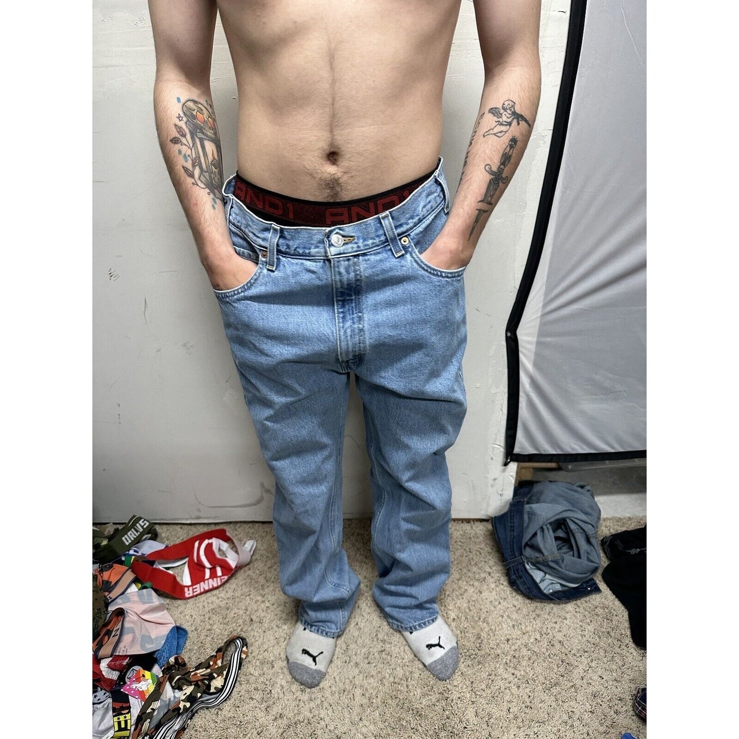 Levi's 505 Straight Fit Jeans Men's 36x32 Blue Medium Wash Distressed Cotton