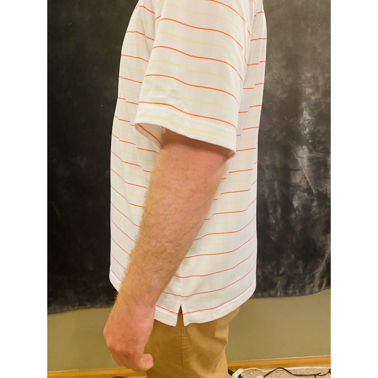Walter Hagen Men’s Large Hydro Dri White With Red /Yellow Stripes Polo Shirt