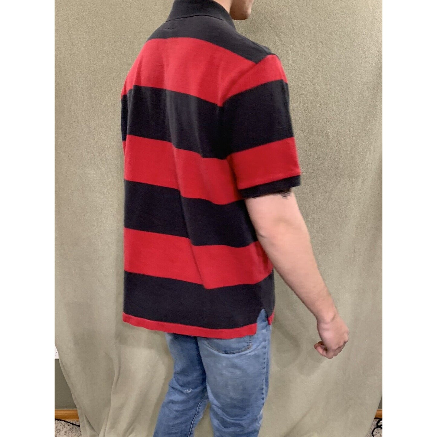Mens American Eagle Logo Red & Black Striped Polo Short Sleeve Shirt Large
