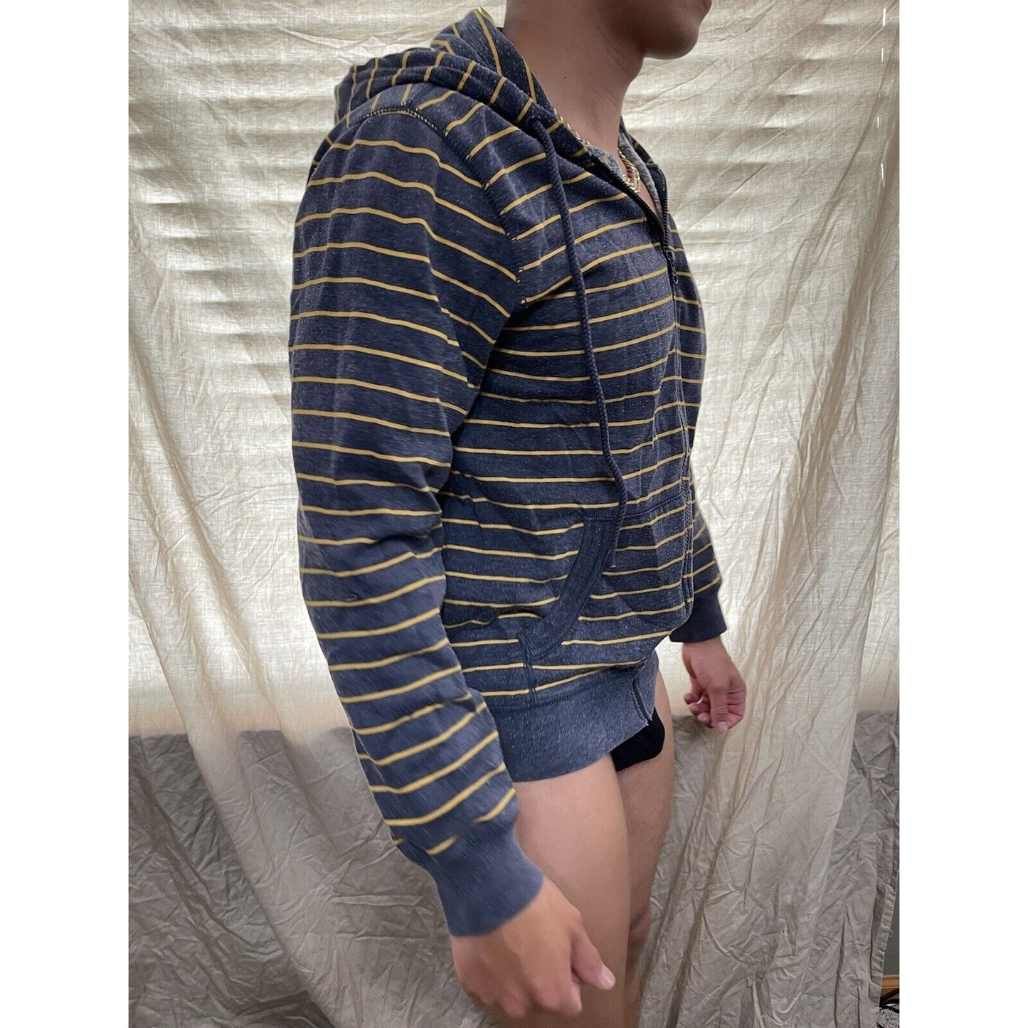 men's old navy small full zip hoodie bluish Gray With yellow stripes