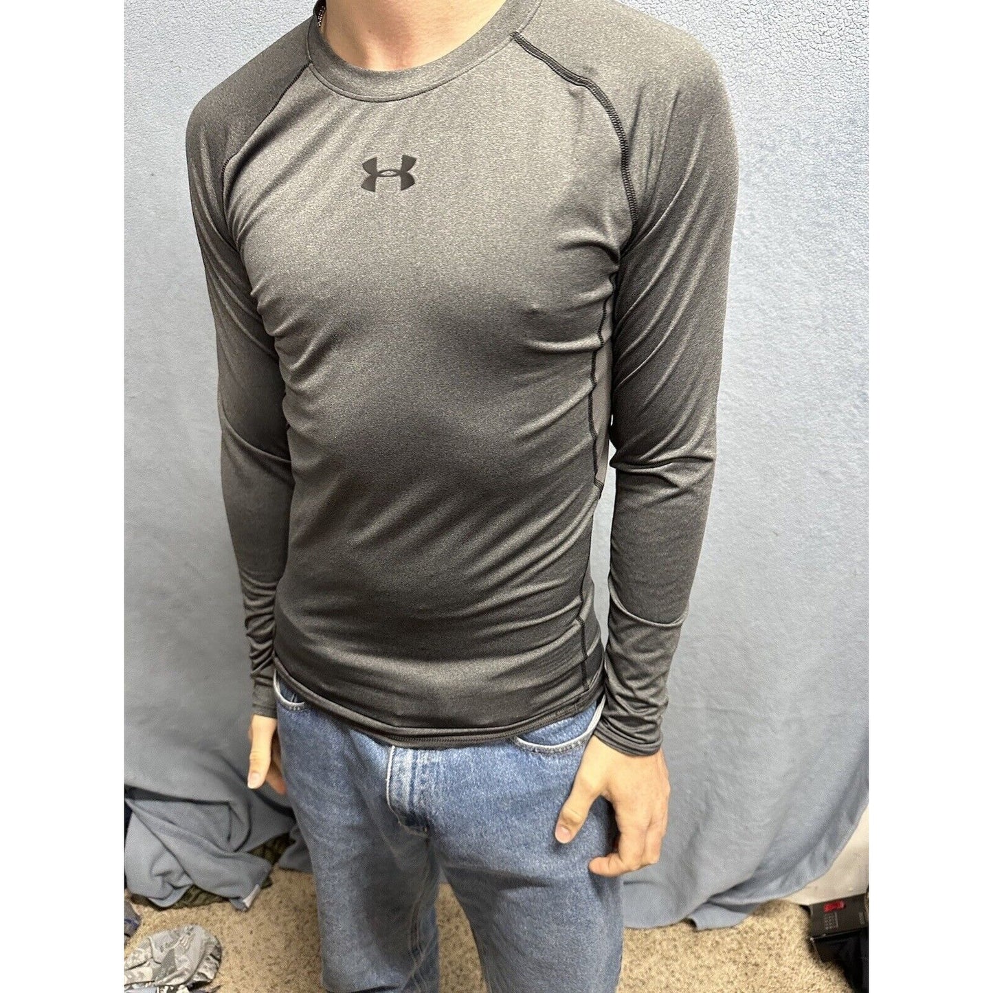 Men’s Large Gray Under Armour Compression Long Sleeve Pullover Shirt Athletic