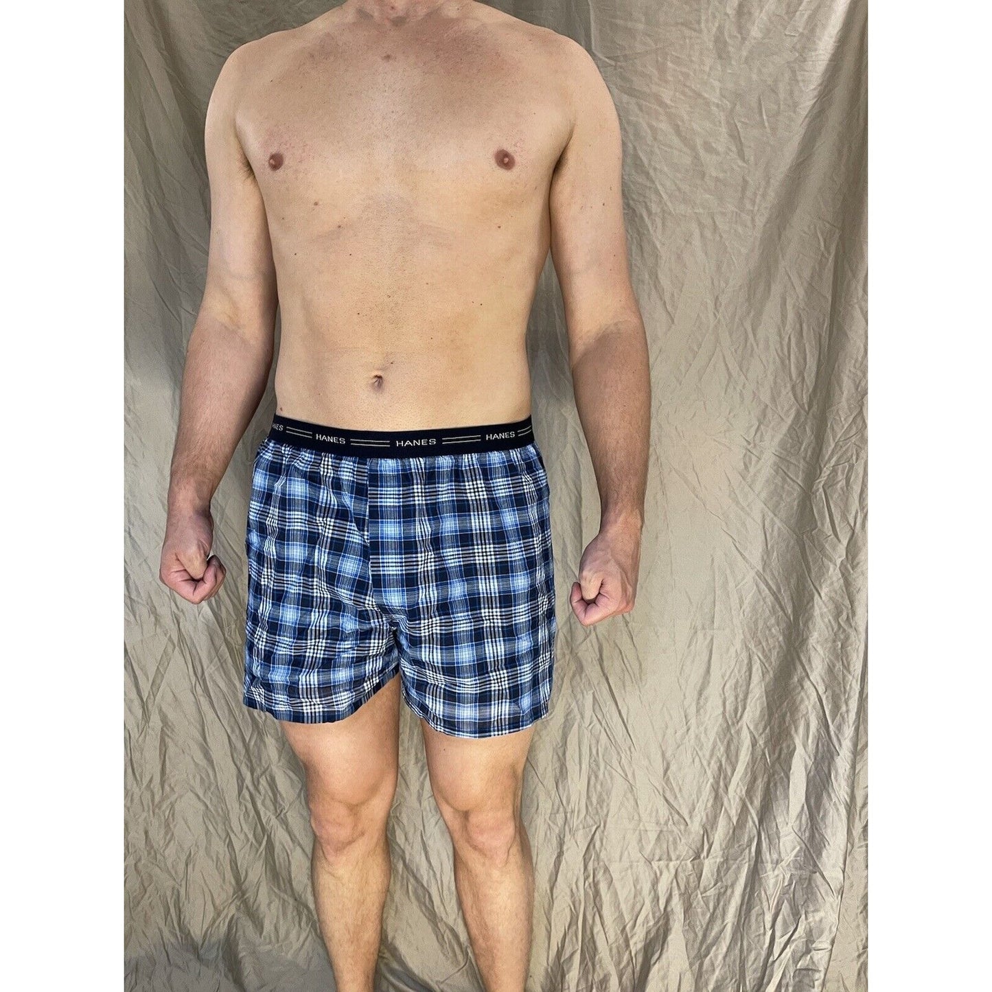 men's hanes blue plaid boxer shorts large confort flex