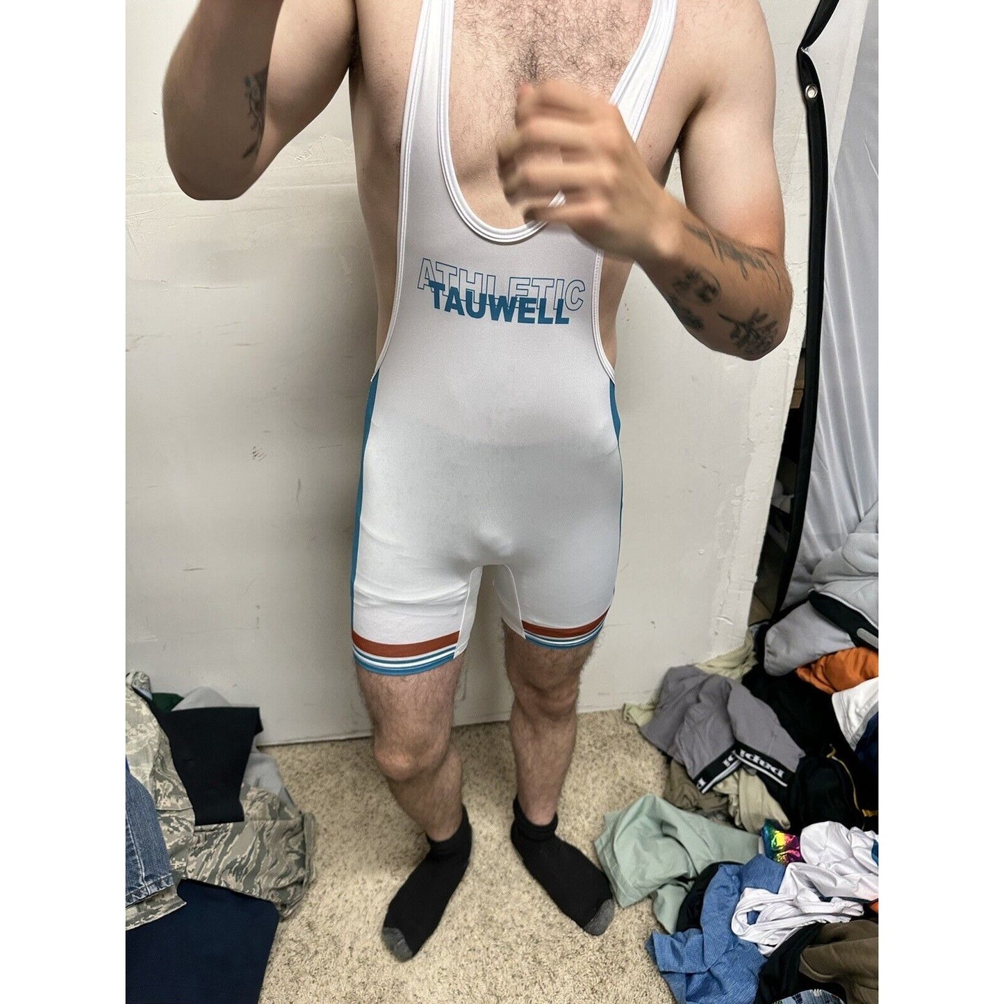 Men’s Tauwell White And Aqua Wrestling Singlet Large
