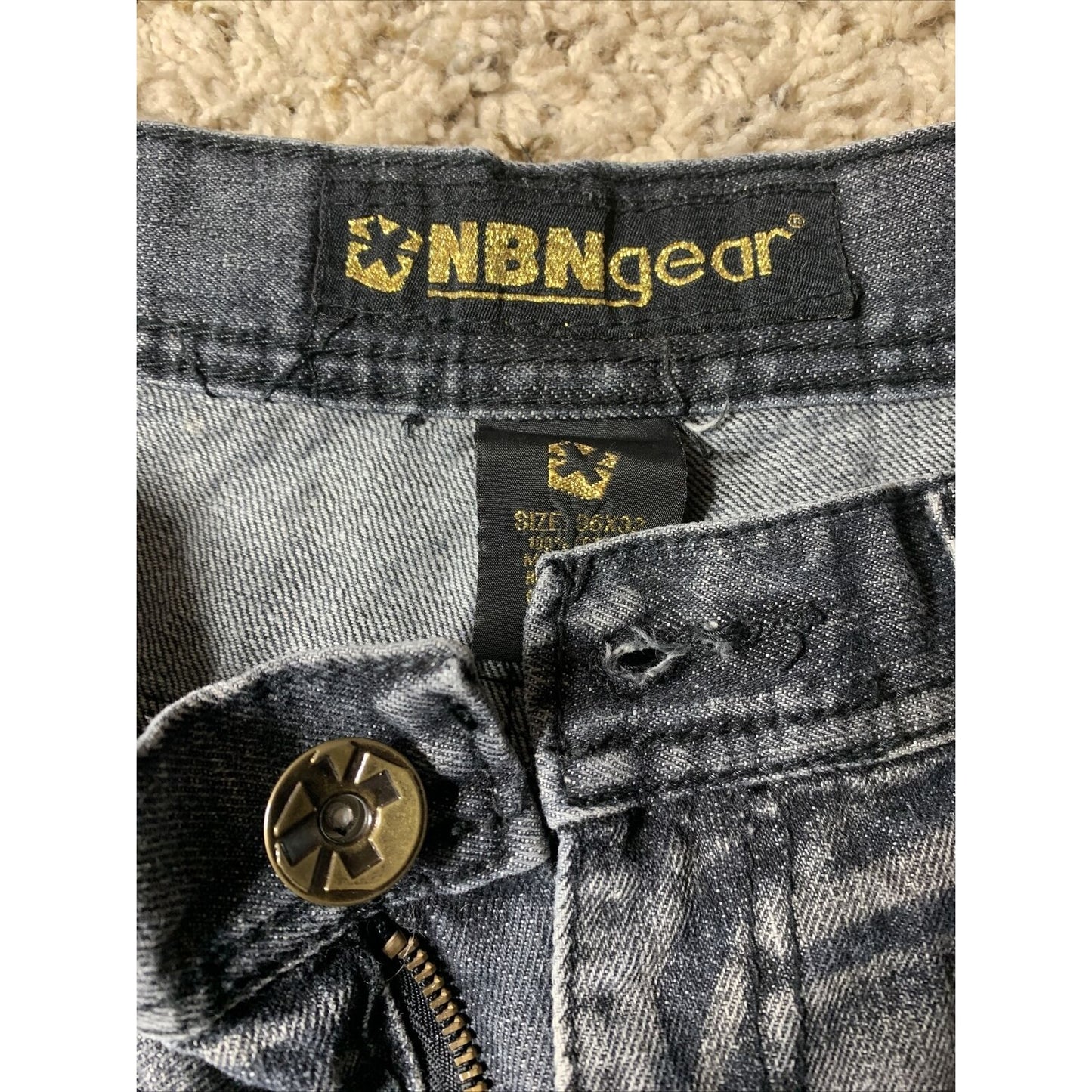 NBN Gear Baggy Loose Fit Black Jeans Men’s Size 36x32 Leather Patches Gold