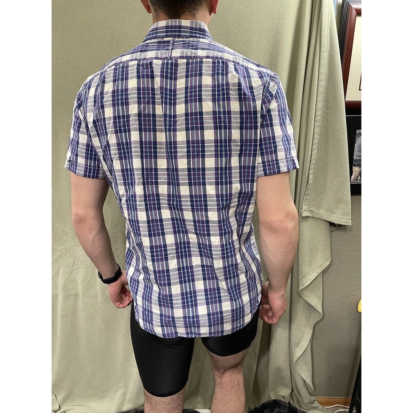 Banana Republic mens cotton Purple Plaid Short Sleeve Small Shirt Soft Wash