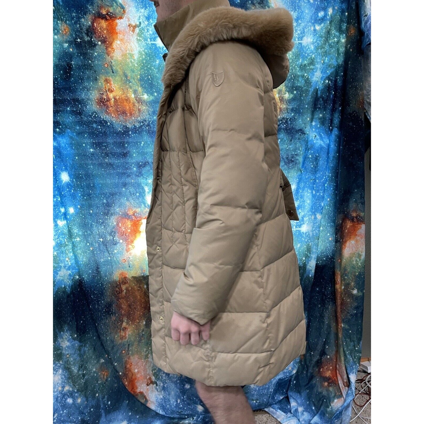 Larry Levin Women's Large Tan Puffy Snap jacket Down Faux Fur