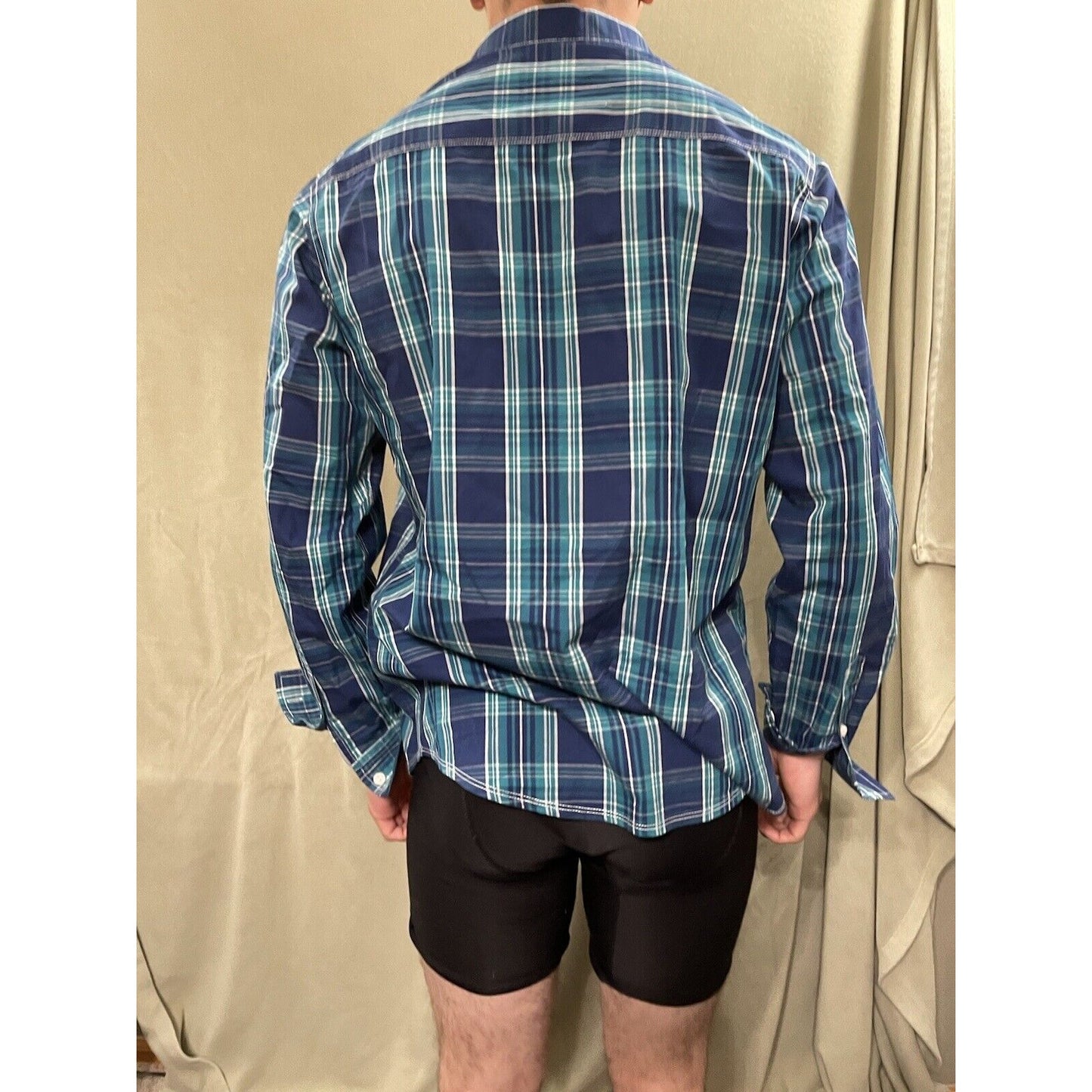 Marc Ecko Cut & Sew Blue Green White Plaid Long Sleeve Button Down Shirt Medium