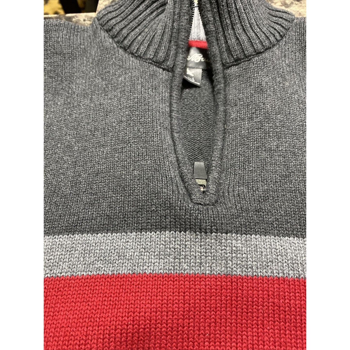 Eddie Bauer Men’s Large Gray Red Cotton 1/4-zip Pullover Sweater