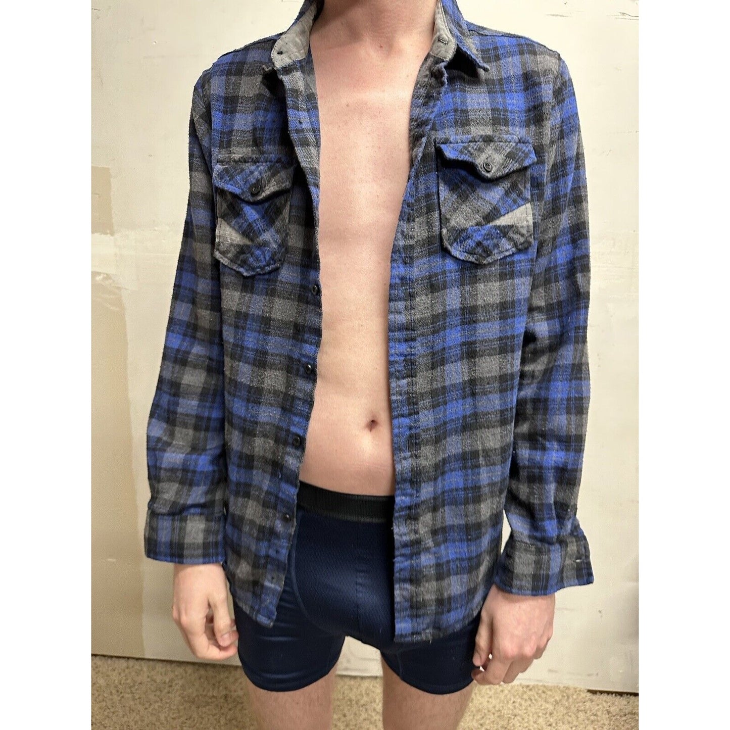 men’s blue gear medium blue plaid flannel shirt long sleeve button up